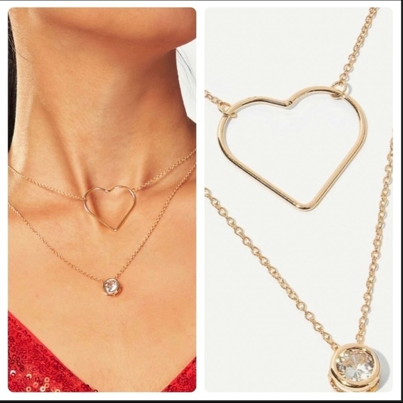Dainty Hollow Heart Rhinestone  Layered Necklace - Picture 1 of 10